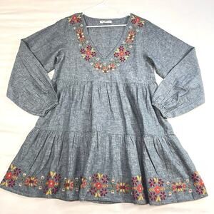 Natural Life Dress Size S Blue Chambray Linen Blend Tiered LS Embroidered Floral